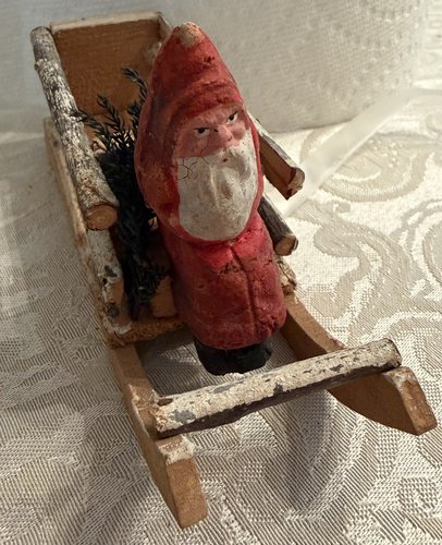 Small Antique German Santa in Twig Sled