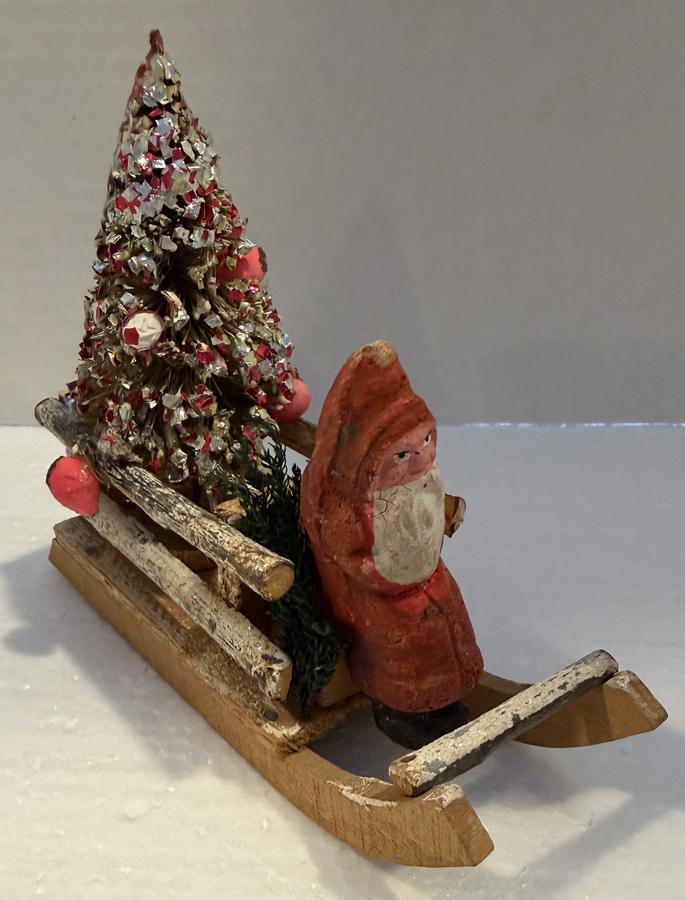 Small Antique German Santa in Twig Sled