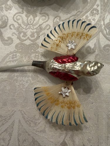 Rare German Glass and Dresden Parrot Christmas Orn