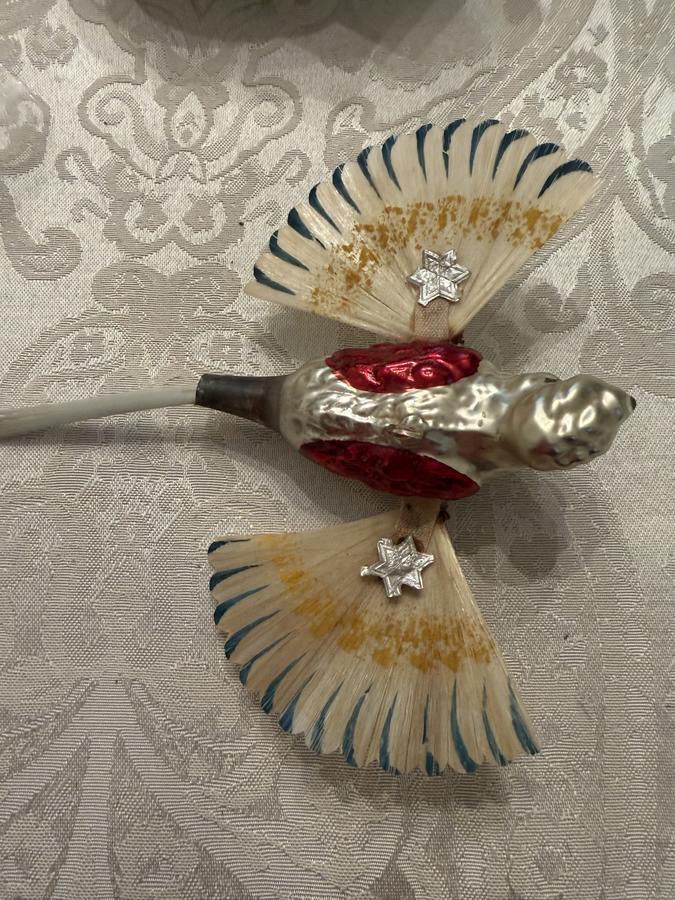 Rare German Glass and Dresden Parrot Christmas Orn