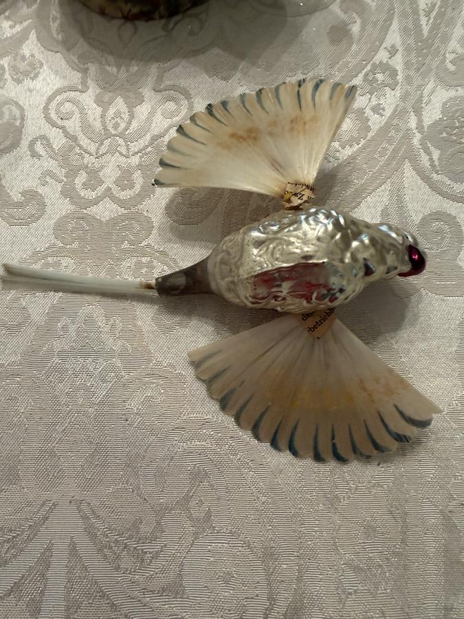 Rare German Glass and Dresden Parrot Christmas Orn