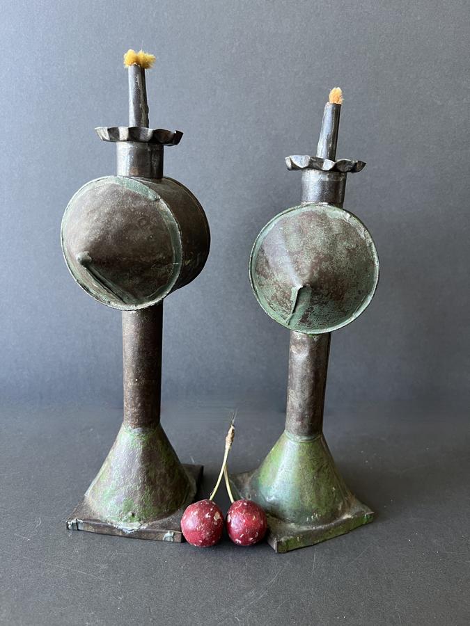 Pair of Painted Tin Oil Lamps