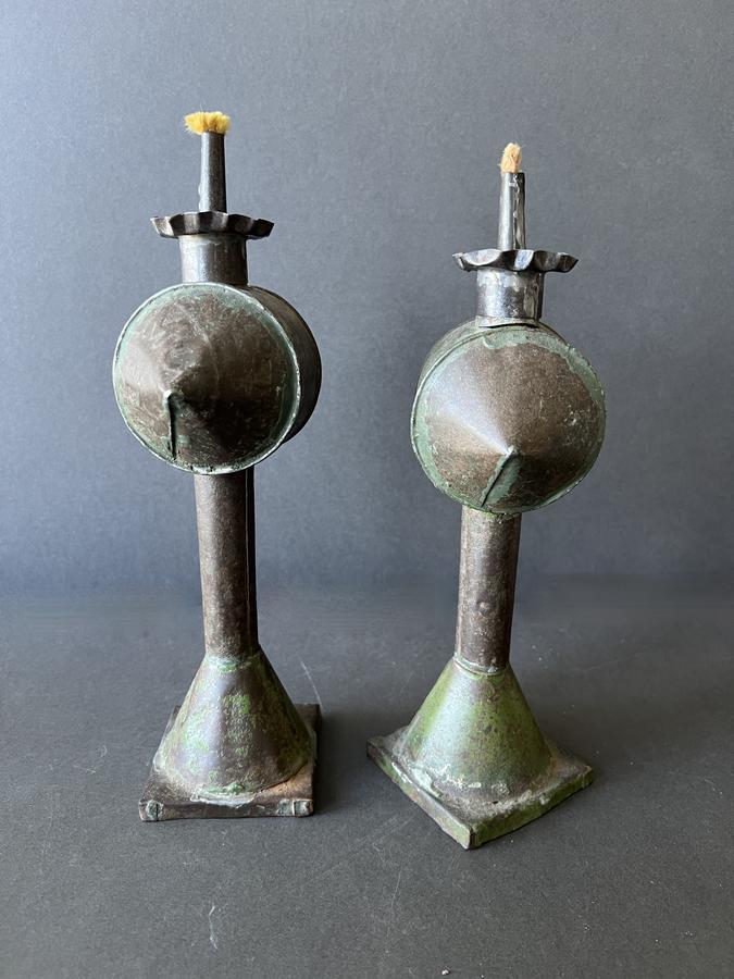 Pair of Painted Tin Oil Lamps