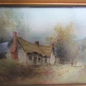 English Country Cottage, Watercolor, F. Turner