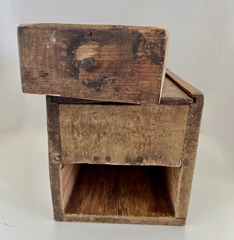 19th. c. Mustard Painted Slide Lid Box w/Drawer
