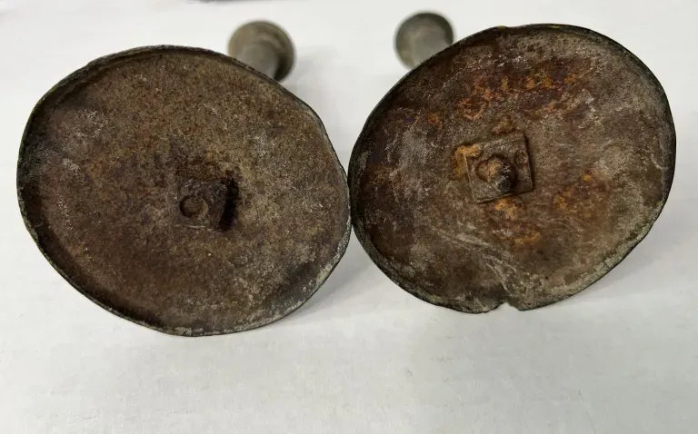 Pair of Green Painted Hogscraper Candlesticks