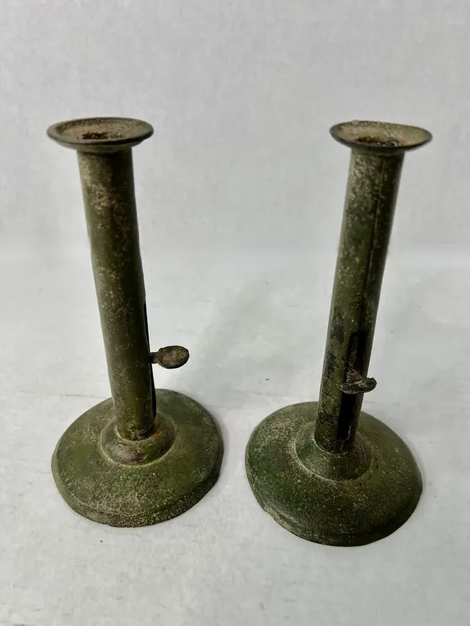 Pair of Green Painted Hogscraper Candlesticks