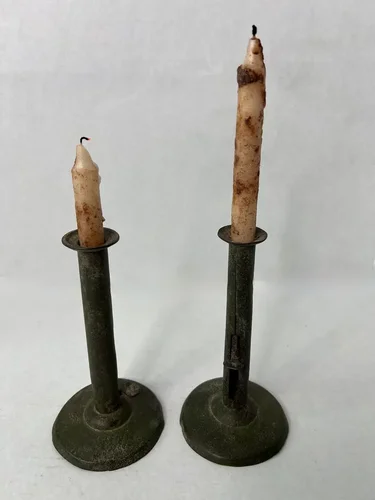 Pair of Green Painted Hogscraper Candlesticks