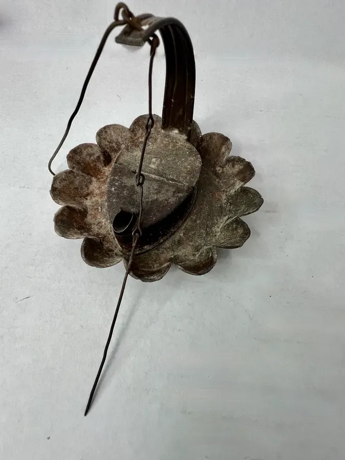 Unusual 19th. c. Tin Betty Lamp w/ Pie Crust Edge