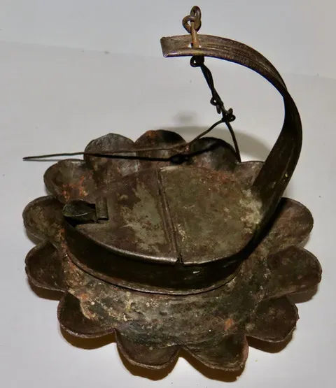 Unusual 19th. c. Tin Betty Lamp w/ Pie Crust Edge