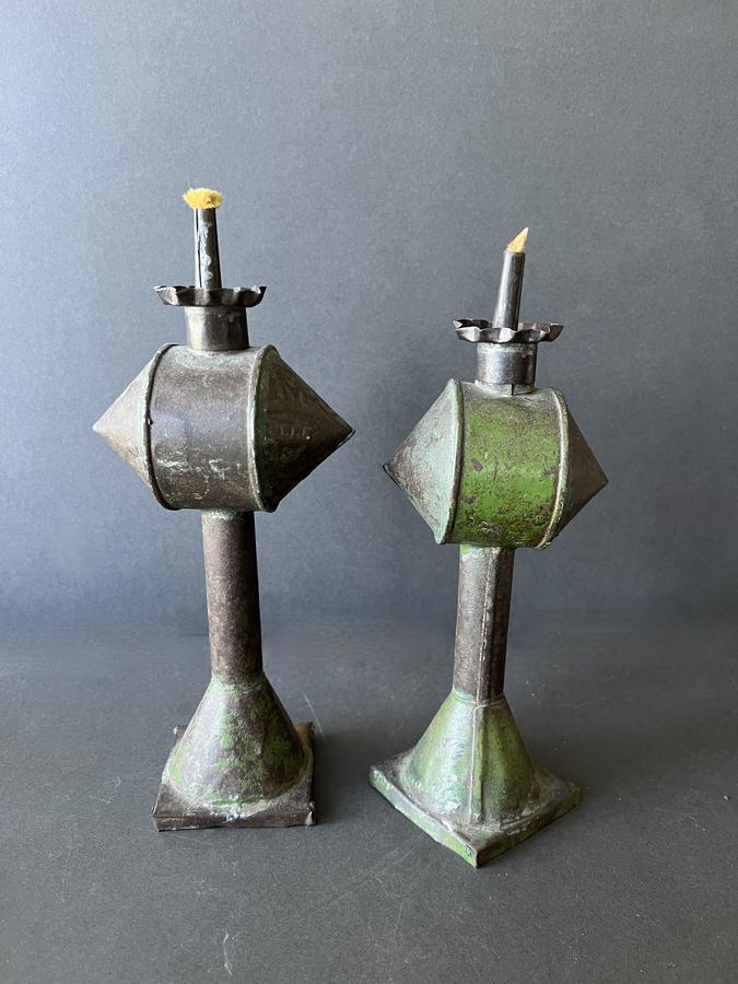 Pair of Painted Tin Oil Lamps