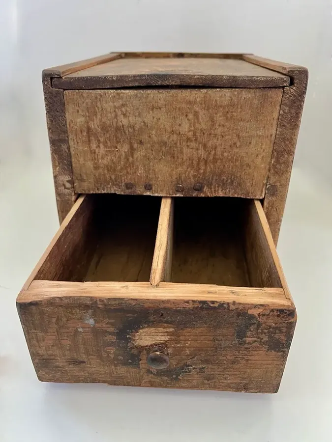 19th. c. Mustard Painted Slide Lid Box w/Drawer