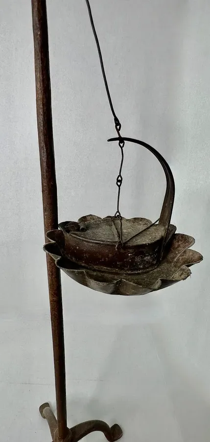 Unusual 19th. c. Tin Betty Lamp w/ Pie Crust Edge