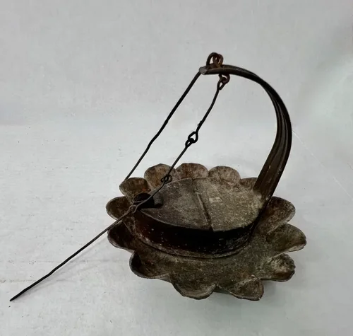 Unusual 19th. c. Tin Betty Lamp w/ Pie Crust Edge