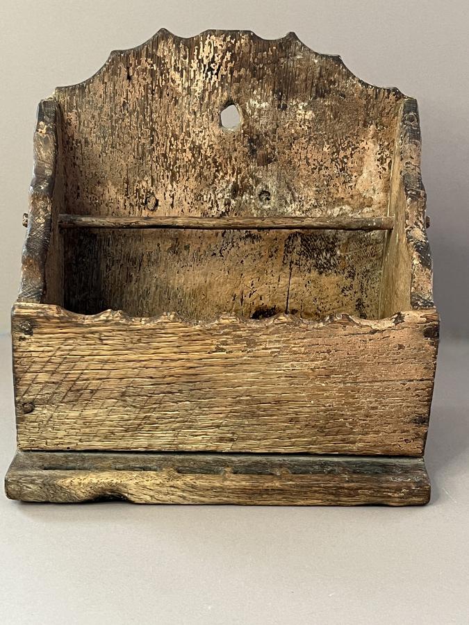 19th c. Oak, Salmon Painted Wall Box w/ Spoon Hold