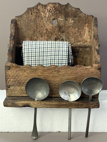 19th c. Oak, Salmon Painted Wall Box w/ Spoon Hold