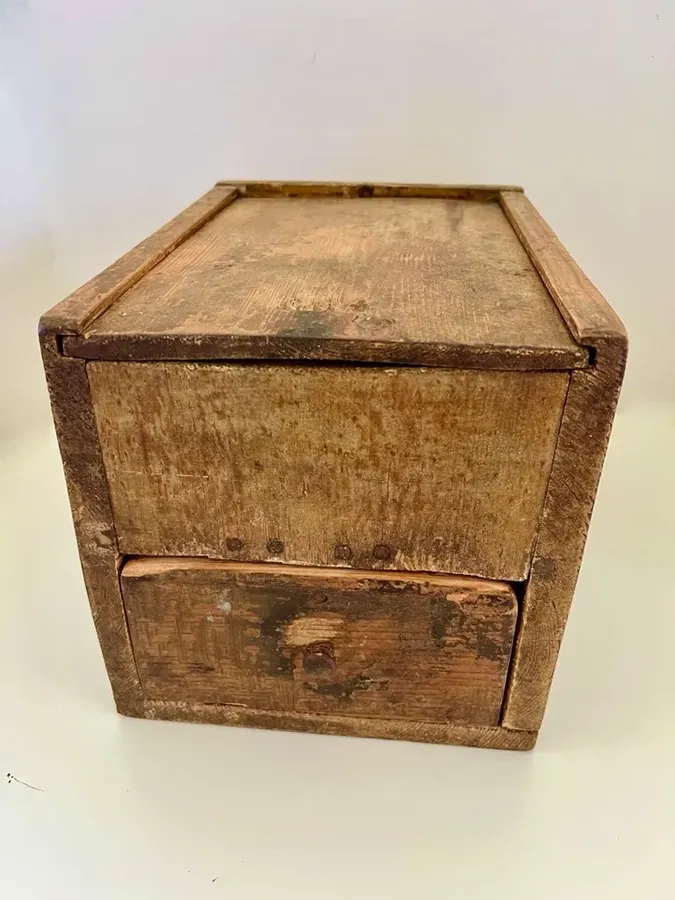 19th. c. Mustard Painted Slide Lid Box w/Drawer