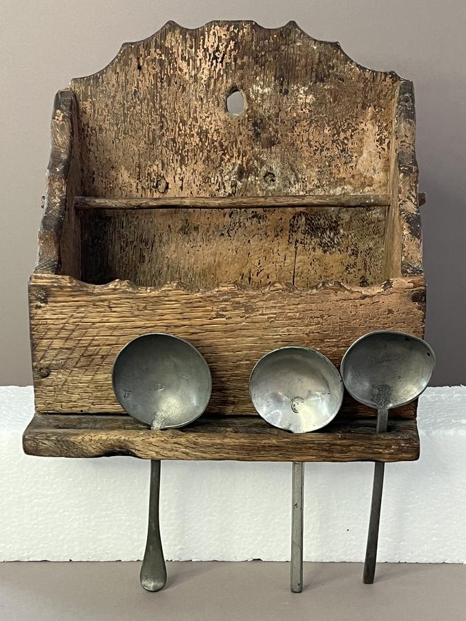 19th c. Oak, Salmon Painted Wall Box w/ Spoon Hold