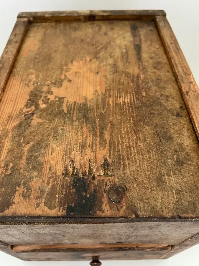 19th. c. Mustard Painted Slide Lid Box w/Drawer