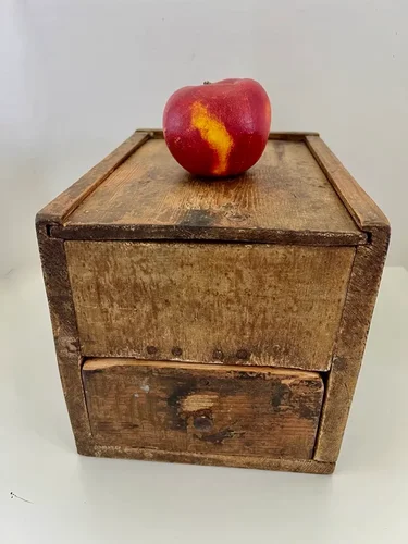 19th. c. Mustard Painted Slide Lid Box w/Drawer