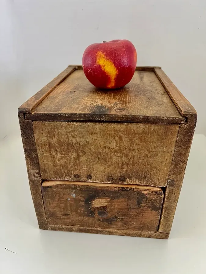 19th. c. Mustard Painted Slide Lid Box w/Drawer
