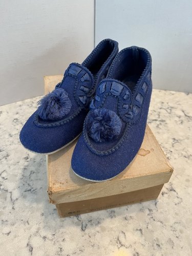 Victorian Sapphire Blue Felted Wool Slippers Boxed