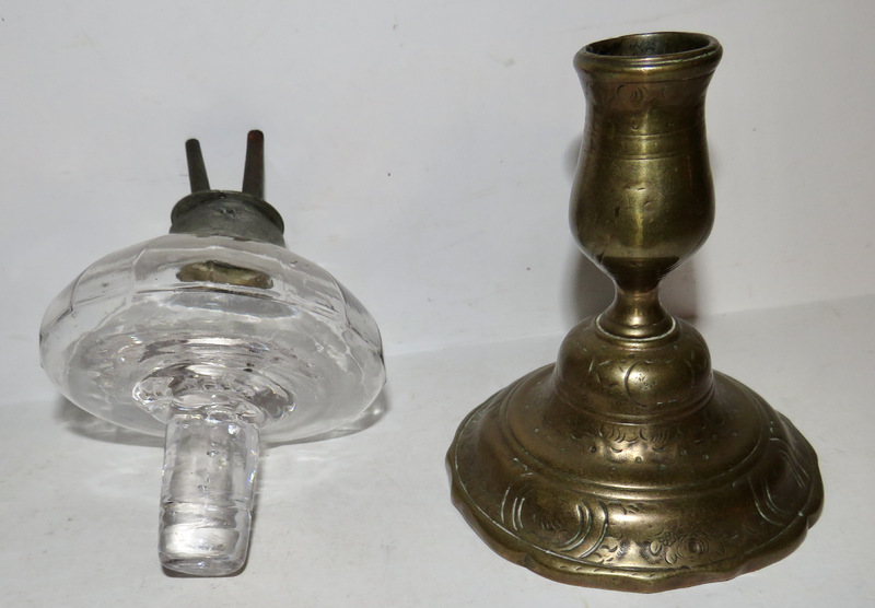 PEG LAMP AND BRASS CANDLEHOLDER, 19TH CENTURY