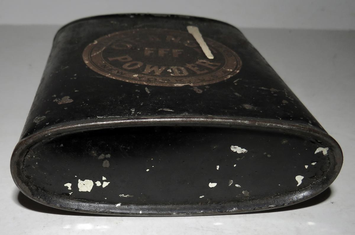 ORANGE RIFLE BLACK POWDER TIN, EARLY 19TH C.