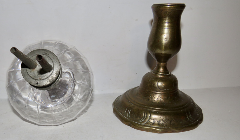 PEG LAMP AND BRASS CANDLEHOLDER, 19TH CENTURY
