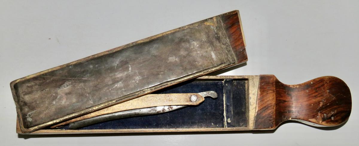 EARLY 19TH C. NEW ENGLAND RAZOR AND BOX W/ PAINT