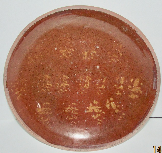 LARGE REDWARE CHARGER, SPONGED YELLOW SLIP 11 1/4"