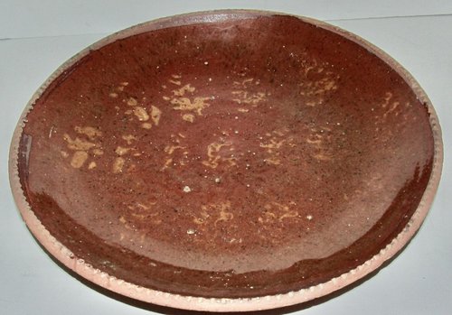 LARGE REDWARE CHARGER, SPONGED YELLOW SLIP 11 1/4"