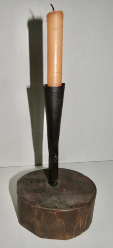 18TH CENTURY FORGED CANDLE HOLDER & WOOD BASE