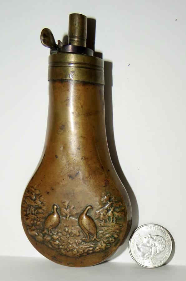 SMALL BRASS AND COPPER ENGLISH POWDER FLASK