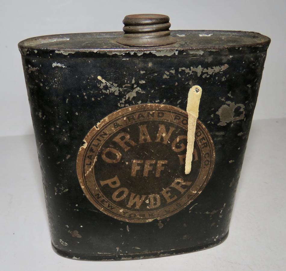 ORANGE RIFLE BLACK POWDER TIN, EARLY 19TH C.
