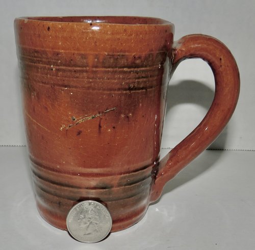 19TH CENTURY PA REDWARE TAVERN MUG 4 1/4"