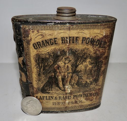 ORANGE RIFLE BLACK POWDER TIN, EARLY 19TH C.