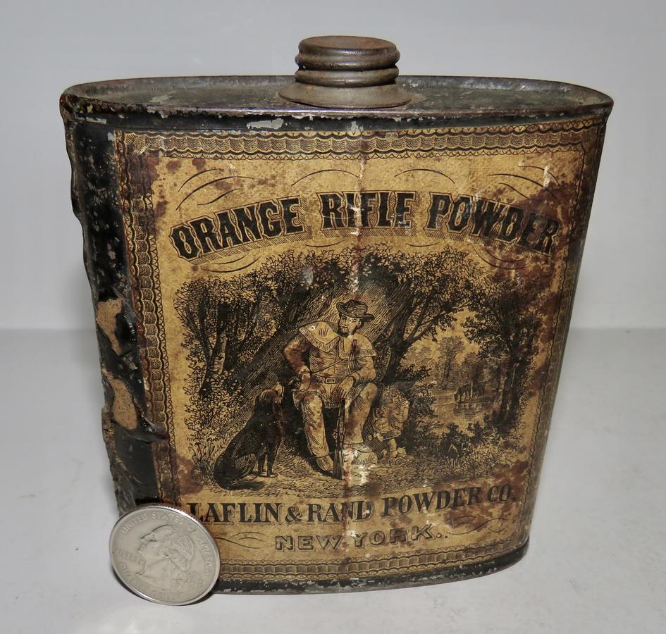 ORANGE RIFLE BLACK POWDER TIN, EARLY 19TH C.