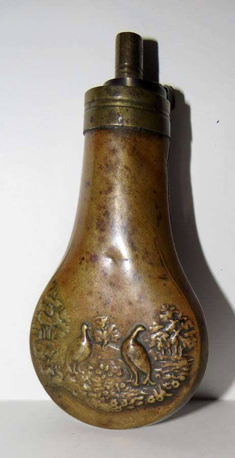 SMALL BRASS AND COPPER ENGLISH POWDER FLASK