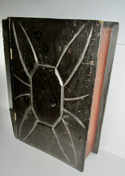 19TH C. LARGE FAKE BOOK BOX, ORIGINAL SALMON PAINT