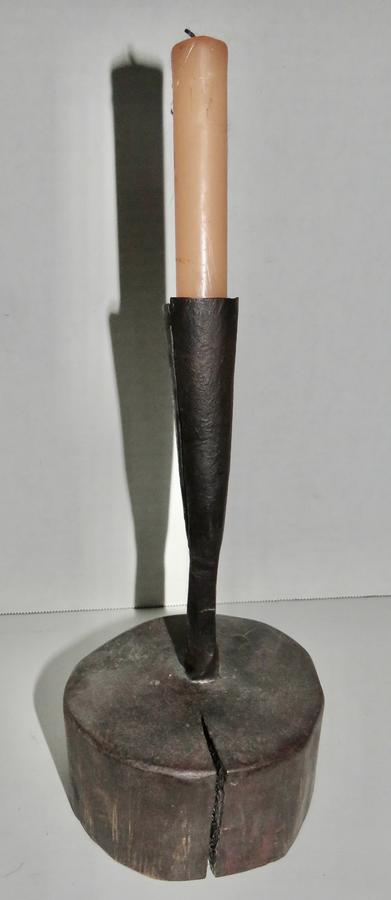 18TH CENTURY FORGED CANDLE HOLDER & WOOD BASE