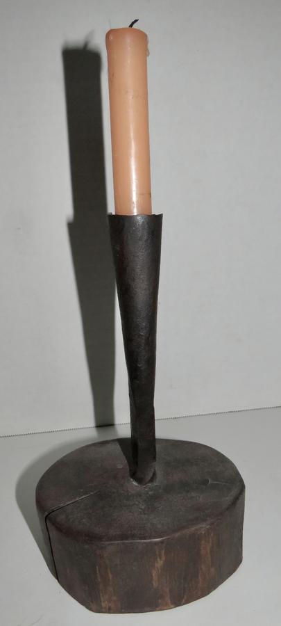 18TH CENTURY FORGED CANDLE HOLDER & WOOD BASE