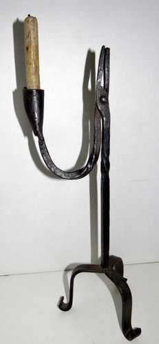 EARLY 18TH C FORGED IRON RUSH LIGHT & CANDLEHOLDER