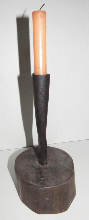 18TH CENTURY FORGED CANDLE HOLDER & WOOD BASE