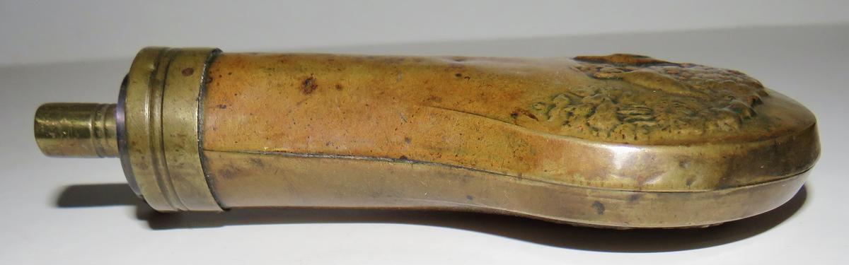 SMALL BRASS AND COPPER ENGLISH POWDER FLASK