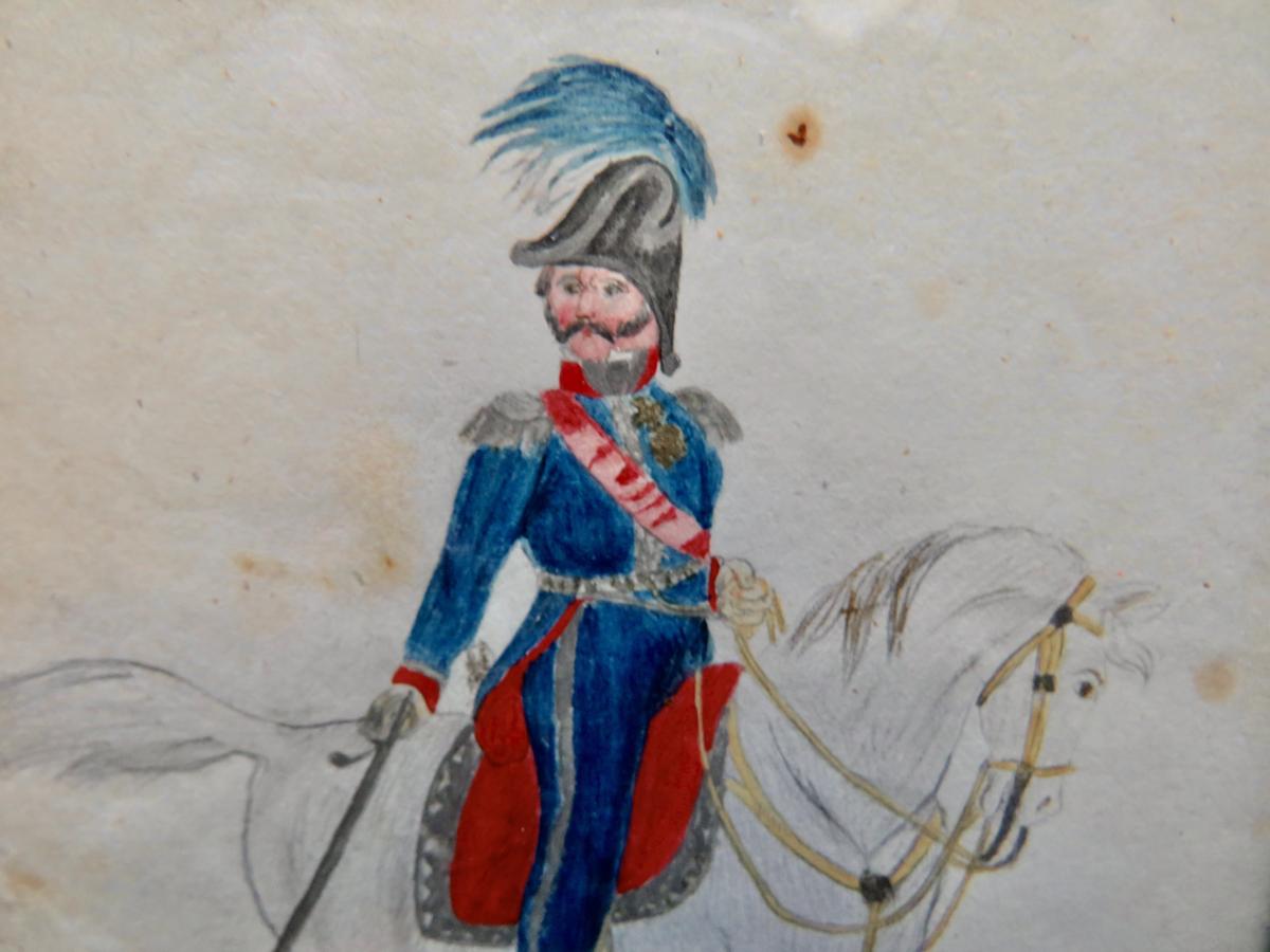 EARLY 19TH C. AMERICAN WATERCOLOR, OFFICER & HORSE