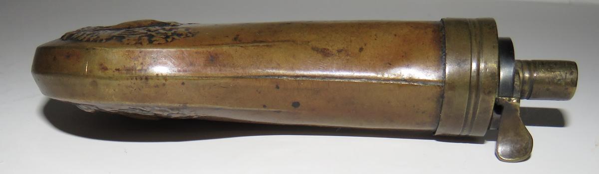 SMALL BRASS AND COPPER ENGLISH POWDER FLASK