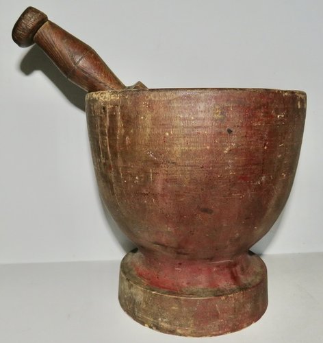 EARLY 18TH C. MORTAR & PESTLE W/ ORIG. RED PAINT