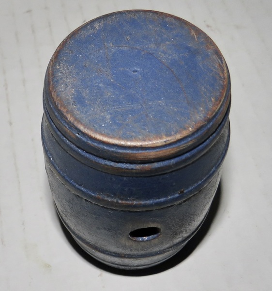 RARE MINIATURE RUNDLET WITH EARLY BLUE PAINT, 3"