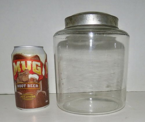 19TH C. GLASS PANTRY JAR WITH ORIGINAL TIN LID